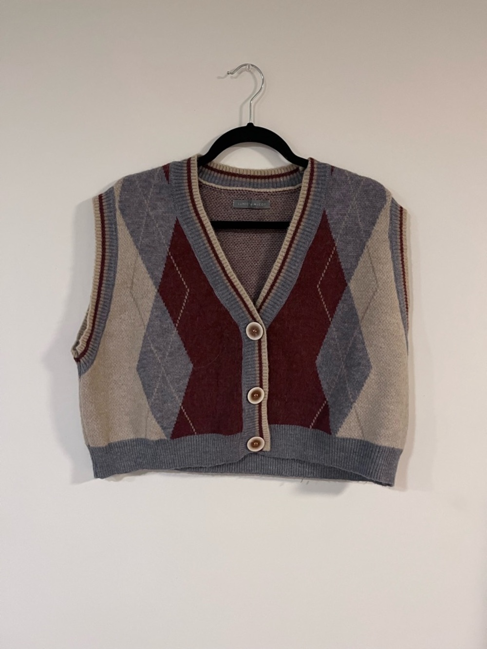 Argyle Button-Front Knit Vest - Grey, Cream & Burgundy